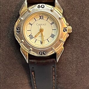 Vintage Carriage Silver and Brown Quartz Watch New Battery Brown Leather Strap